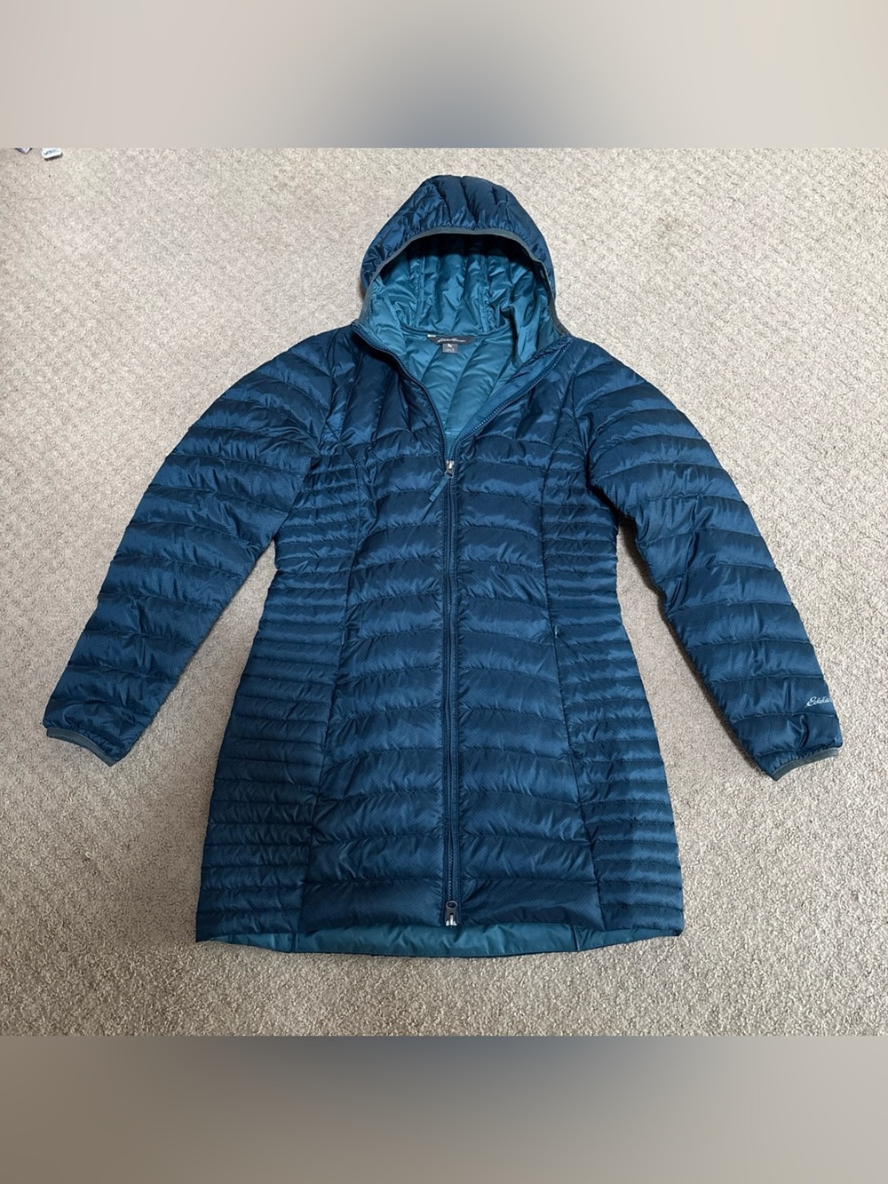 Eddie Bauer Women’s Long Down Puffer Coat Small Teal EB650 Fill Packable Hoodie